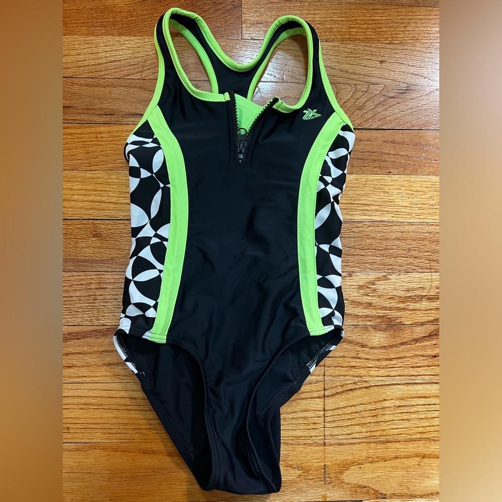 Girls Zero Xposur black/lime green one piece racerback swimsuit zip front size 7